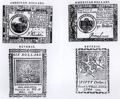 A Colonial Six Dollar Bill of 1776 and an American Fifty Dollar Bill of 1779 by English School